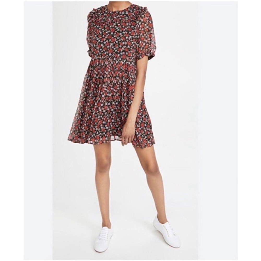 en Saison Pleated Floral Print Babydoll Mini Dress